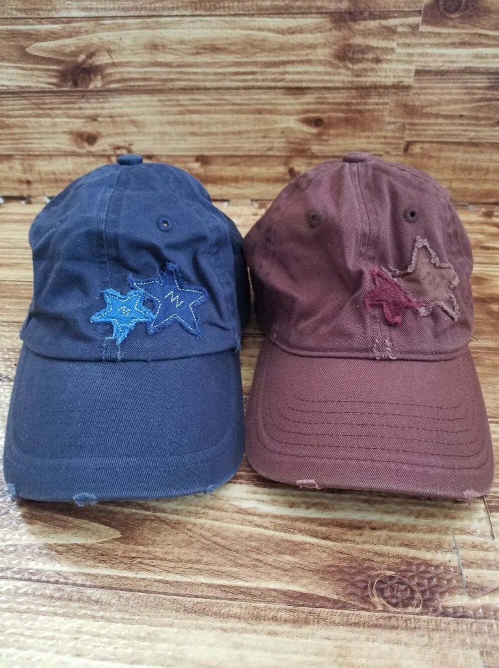 Bundle (2) Distressed Star Patch Baseball Caps - Rustic Cottagecore Quilter Hats